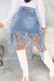 Street SFringed Trim Pocket Buttons Zipper A Line Distressed Plus Size Denim Mini Skirt