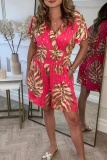 Casual Leaf Print V Neck Short Sleeve Cinch Waist Vacation Rompers