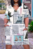 Casual Graphics Print Basic V Neck Short Sleeve Loose Pockets Midi T-Shirt Dress