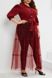 Formal Shirt Collar Half Sleeve Beading Decor Sheer Belted Mesh Patchwork Plus Size Party Evening Maxi Dress