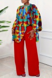 Formal Boho Print O Neck Long Sleeve Loose Blouse And Wide Leg Pants Office Lady Vacation Two Pieces Trouser Sets