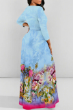 Floral Print O Neck  Long Sleeve Belt Loose Vacation A Line Maxi Swing Dresses