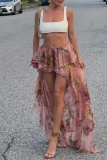 Floral Print Mid Waist Irregular Ruffle Tiered Hem Vacation Beach Lace Maxi Skirt