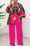 Formal Boho Print O Neck Long Sleeve Loose Blouse And Wide Leg Pants Office Lady Vacation Two Pieces Trouser Sets