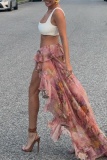 Floral Print Mid Waist Irregular Ruffle Tiered Hem Vacation Beach Lace Maxi Skirt