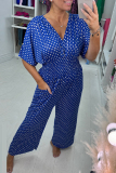 Casual Polka Dot Print V Neck Short Sleeve Cinch Waist Vacation Wide Leg Jumpsuits