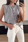 Casual O Neck Sleeveless Buckle Vacation Knit Cardigan Tank Tops