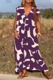 Casual Graphics Print V Neck Flutter Sleeve Long Loose Vacation Maxi Summer Dresses