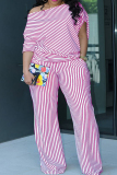 Casual Striped Print Oblique Collar 3/4 Sleeve Blouse And Wide Leg Pants Vacation Two Pieces Trouser Sets