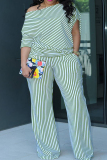 Casual Striped Print Oblique Collar 3/4 Sleeve Blouse And Wide Leg Pants Vacation Two Pieces Trouser Sets