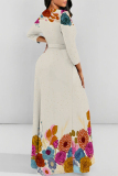 Floral Print O Neck  Long Sleeve Belt Loose Vacation A Line Maxi Swing Dresses