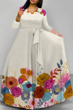 Floral Print O Neck  Long Sleeve Belt Loose Vacation A Line Maxi Swing Dresses
