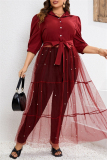 Formal Shirt Collar Half Sleeve Beading Decor Sheer Belted Mesh Patchwork Plus Size Party Evening Maxi Dress