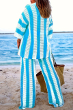 Casual Stripe Print V Neck Long Sleeve Hollow Out Knitted Blouse And Wide Leg Pants Vacation Plus Size Two Pieces Trouser Sets