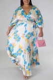 Casual Floral Print V Neck Nine Points Sleeve With Belt Long Loose Vacation Plus Size Pleated Maxi Dresses
