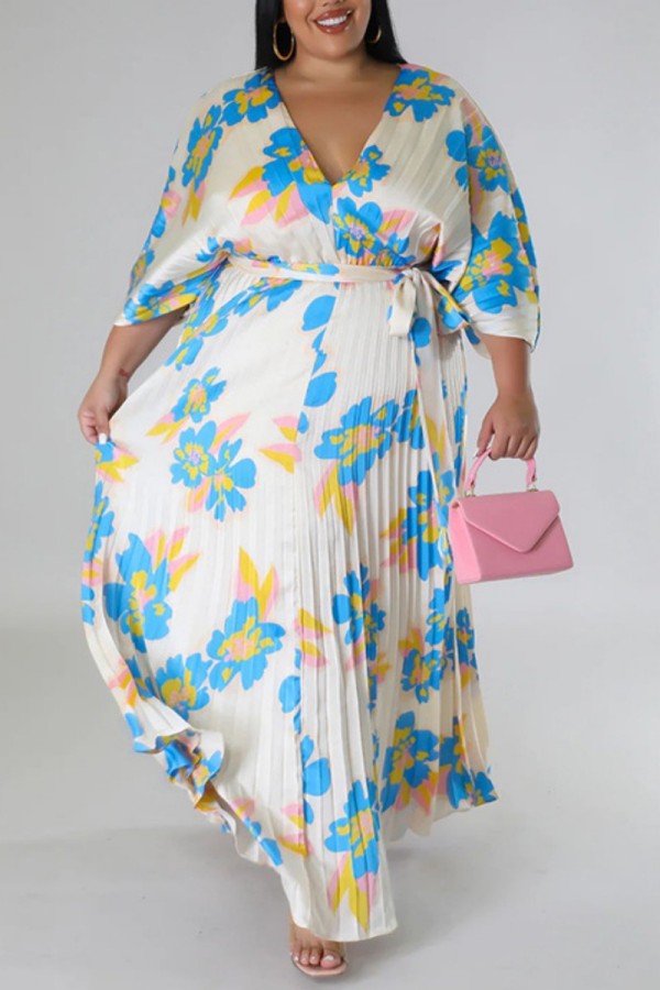 Casual Floral Print V Neck Nine Points Sleeve With Belt Long Loose Vacation Plus Size Pleated Maxi Dresses
