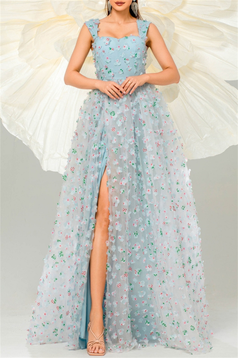 Sexy Sheath Square Neckline Long Sleeves Slit Floral Prom Dresses Birthday Dress