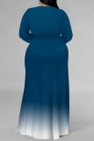 Gradient Color Strap Design V Neck Long Sleeve Long Side Slit Plus Size Loose Vacation A Line Maxi Dress