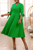 Formal Bow Decor Oblique Collar Half Sleeve Cinch Waist Party Evening A Line Pleated Midi Dresses