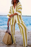 Casual Stripe Print V Neck Long Sleeve Hollow Out Knitted Blouse And Wide Leg Pants Vacation Plus Size Two Pieces Trouser Sets