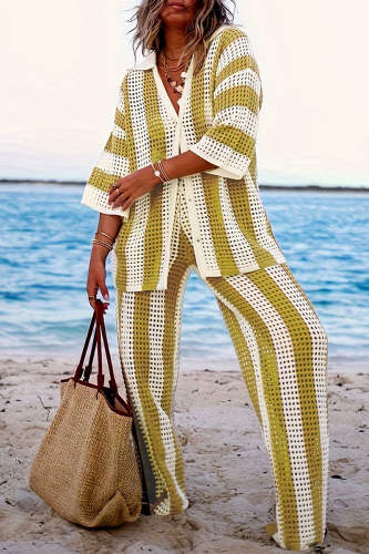Casual Stripe Print V Neck Long Sleeve Hollow Out Knitted Blouse And Wide Leg Pants Vacation Plus Size Two Pieces Trouser Sets