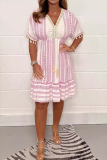 Casual Geometric Print V Neck Short Sleeve Lace Fringed Trim Vacation A Line Pleated Summer Dress