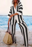 Casual Stripe Print V Neck Long Sleeve Hollow Out Knitted Blouse And Wide Leg Pants Vacation Plus Size Two Pieces Trouser Sets
