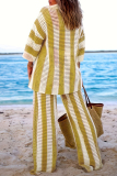 Casual Stripe Print V Neck Long Sleeve Hollow Out Knitted Blouse And Wide Leg Pants Vacation Plus Size Two Pieces Trouser Sets