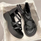 Open Toe Elastic Ankle Strap Flat Flatform Platform Wedge Sandals