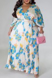 Casual Floral Print V Neck Nine Points Sleeve With Belt Long Loose Vacation Plus Size Pleated Maxi Dresses