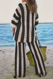 Casual Stripe Print V Neck Long Sleeve Hollow Out Knitted Blouse And Wide Leg Pants Vacation Plus Size Two Pieces Trouser Sets