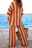 Casual Stripe Print V Neck Long Sleeve Hollow Out Knitted Blouse And Wide Leg Pants Vacation Plus Size Two Pieces Trouser Sets