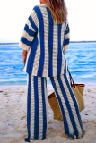 Casual Stripe Print V Neck Long Sleeve Hollow Out Knitted Blouse And Wide Leg Pants Vacation Plus Size Two Pieces Trouser Sets