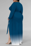 Gradient Color Strap Design V Neck Long Sleeve Long Side Slit Plus Size Loose Vacation A Line Maxi Dress