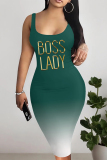 Casual Ombre Print U Neck Sleeveless Vacation Bodycon Midi Tank Dress