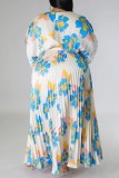 Casual Floral Print V Neck Nine Points Sleeve With Belt Long Loose Vacation Plus Size Pleated Maxi Dresses