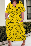 Casual Geometric Print  V Neck Short Sleeve Pockets Long Baggy Straight Plus Size Maxi T-shirt Dress