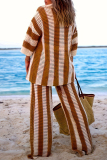 Casual Stripe Print V Neck Long Sleeve Hollow Out Knitted Blouse And Wide Leg Pants Vacation Plus Size Two Pieces Trouser Sets