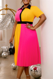 Formal Colorblock Turndown Collar Short Sleeve Cinch Waist Office Lady Vacation A Line Pleated Midi Dress