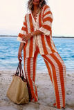 Casual Stripe Print V Neck Long Sleeve Hollow Out Knitted Blouse And Wide Leg Pants Vacation Plus Size Two Pieces Trouser Sets