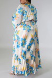 Casual Floral Print V Neck Nine Points Sleeve With Belt Long Loose Vacation Plus Size Pleated Maxi Dresses