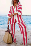 Casual Stripe Print V Neck Long Sleeve Hollow Out Knitted Blouse And Wide Leg Pants Vacation Plus Size Two Pieces Trouser Sets