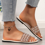 Rhinestone Faux Pearl Decor Square Toe  One-Strap Flat Slide Sandals