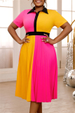 Formal Colorblock Turndown Collar Short Sleeve Cinch Waist Office Lady Vacation A Line Pleated Midi Dress