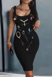 Sexy Graphics Print U Neck Sleeveless Bodycon Midi Tank Dresses