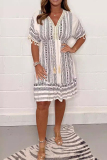 Casual Geometric Print V Neck Short Sleeve Lace Fringed Trim Vacation A Line Pleated Summer Dress