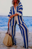 Casual Stripe Print V Neck Long Sleeve Hollow Out Knitted Blouse And Wide Leg Pants Vacation Plus Size Two Pieces Trouser Sets