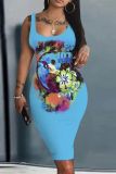 Sexy Graphics Print U Neck Sleeveless Bodycon Midi Tank Dresses