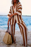 Casual Stripe Print V Neck Long Sleeve Hollow Out Knitted Blouse And Wide Leg Pants Vacation Plus Size Two Pieces Trouser Sets