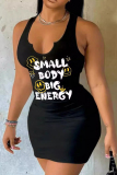 Sleeveless Letter Print U Neck Wrapped Skirt Bodycon Mini Tank Dresses